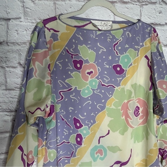 Vintage Oscar De La Renta Satin Pastel Floral Print Maxi Dress - Picture 6 of 13